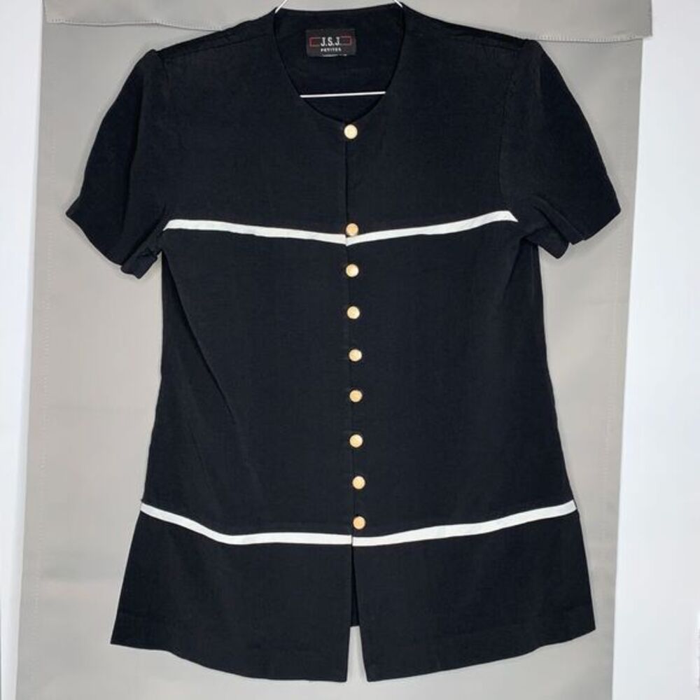 VTG JSJ Petites Button Up Tunic Shirt‎ Black White Shank Button Padded Shoulders